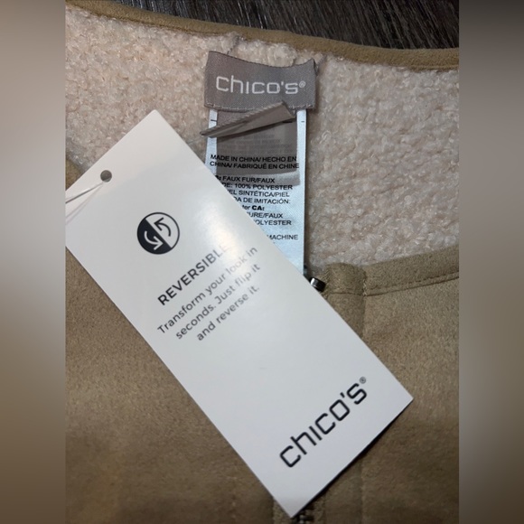 NWT Chico’s Womens Size 1 (size 8-10) faux shearling reversible tan Leather coat - Picture 2 of 7